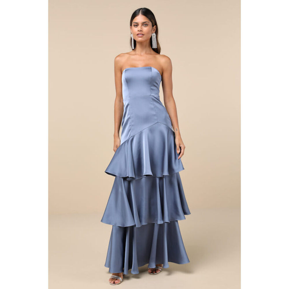 Lulus Blissfully Beautiful Slate Satin Strapless Tiered Maxi Dress Blue - Size L